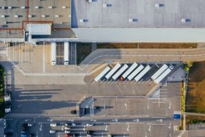 arial warehouse image with trucks