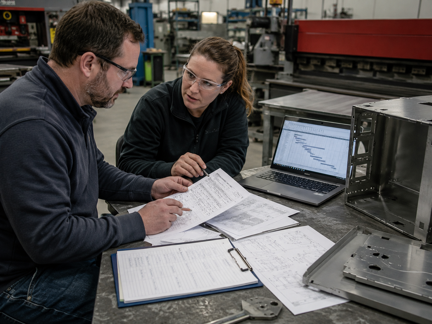 two people discussing metal fabrication project lead times