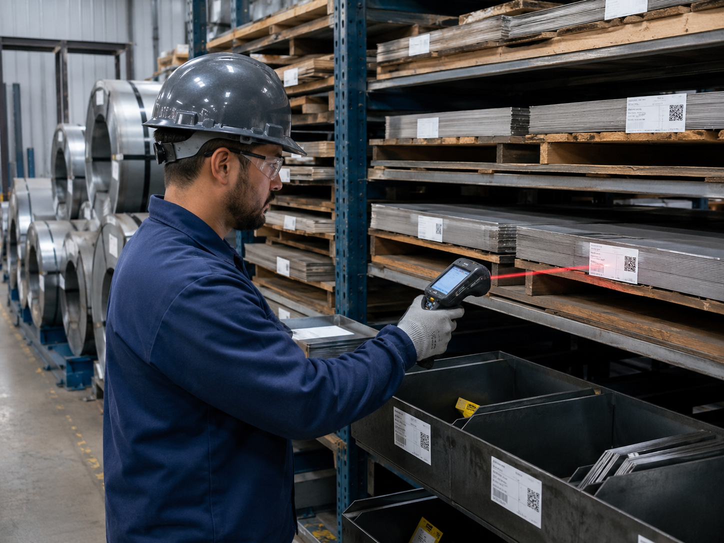 checking inventory levels in a metal fabrication and manufacturing facility in a warehouse