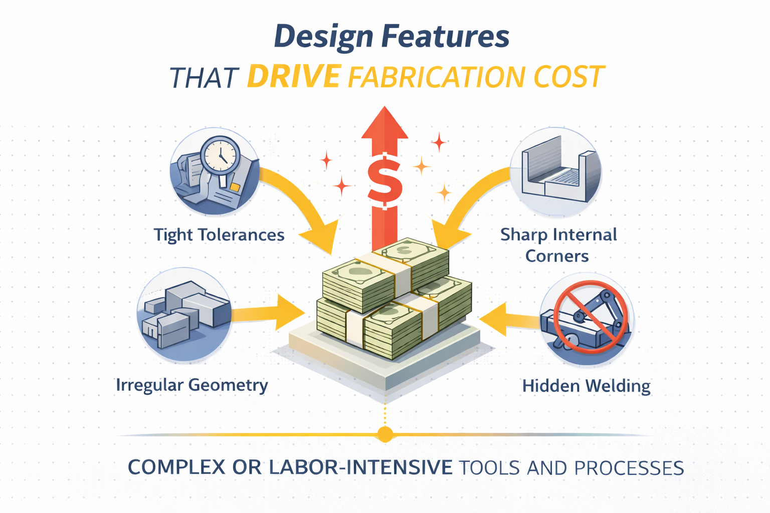 illustration showing design features that drive fabrication cost