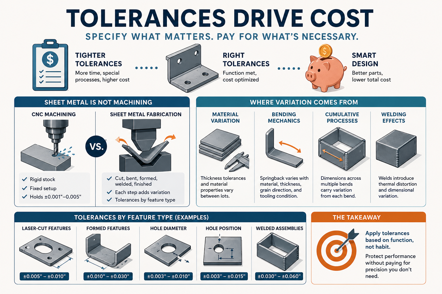 infographic illustrating how tolerances drive cost in sheet metal fabrication