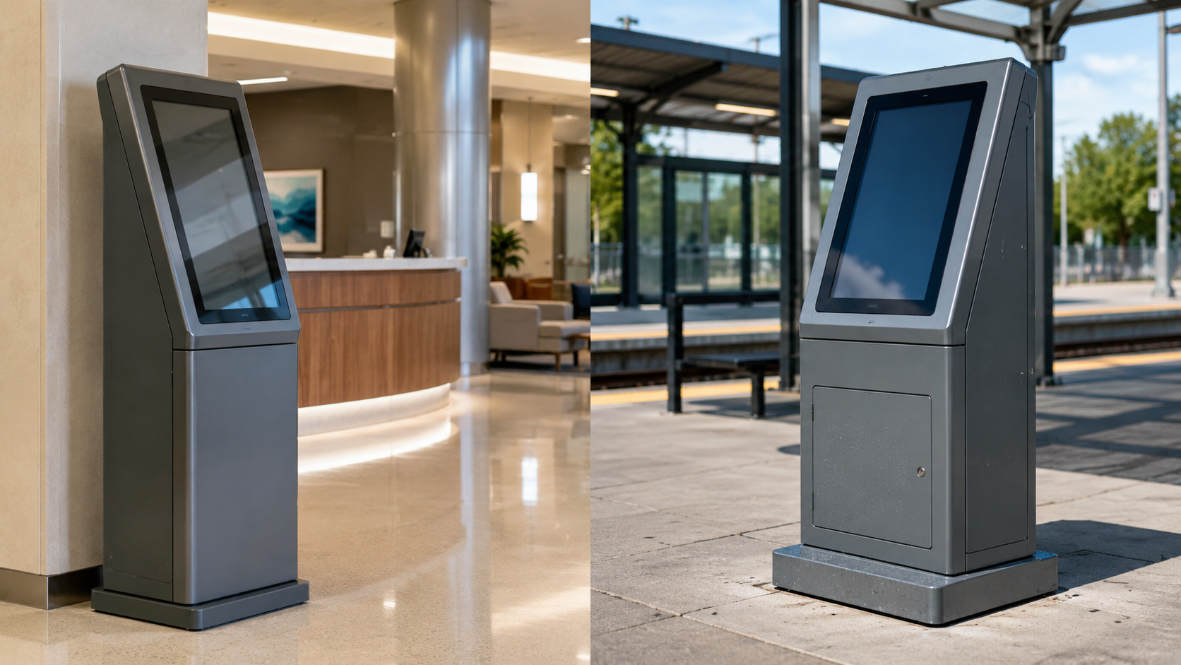 two self service kiosks in indoor and outdoor deployments