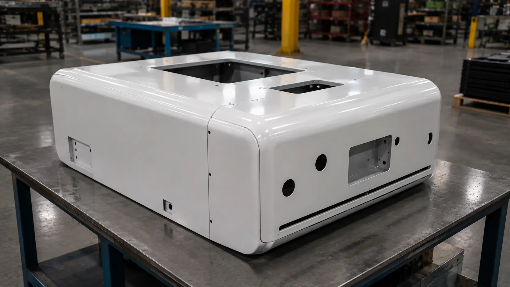 glossy white industrial chassis assembly